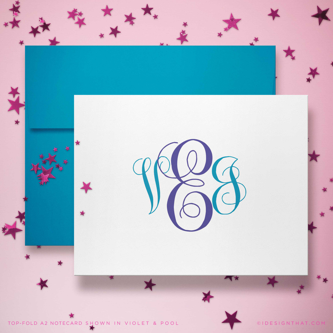 Traditional Script folded notecards with an ornate center initial and delicate side initials.